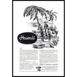 1934 Hawaii Tourist Board Hawaiian Vacation Vintage Print Ad Cowboy Trails Art